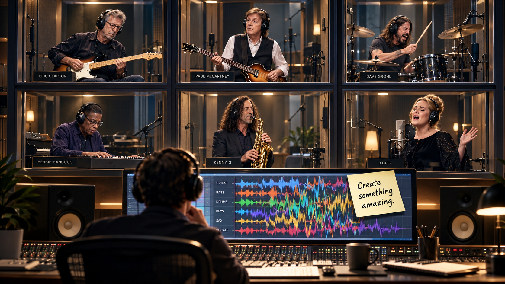All-star musicians recording separately in soundproof booths without a shared song sheet